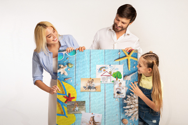 Memo cork board Summer beach accessories on a blue background