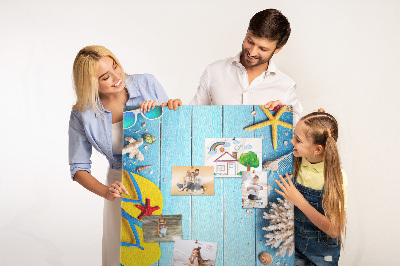 Memo cork board Summer beach accessories on a blue background