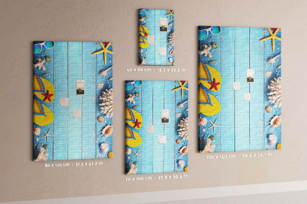 Memo cork board Summer beach accessories on a blue background