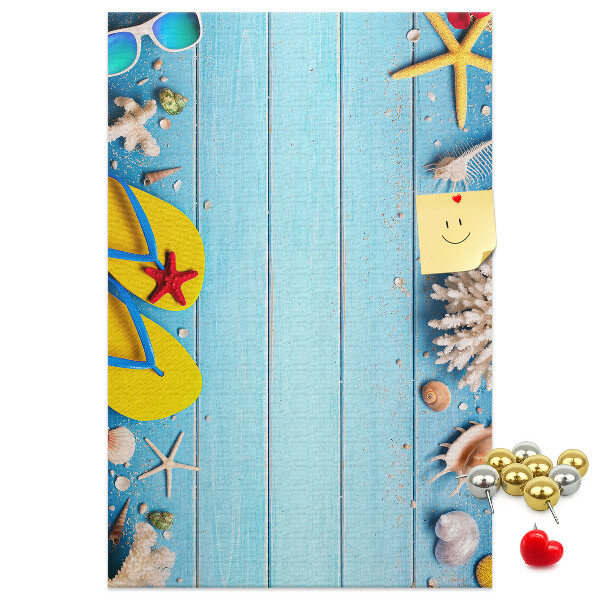 Memo cork board Summer beach accessories on a blue background