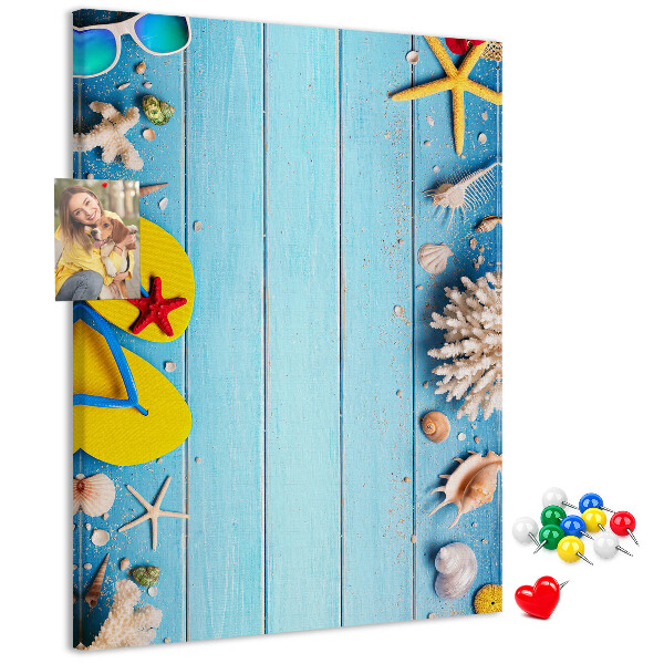 Memo cork board Summer beach accessories on a blue background