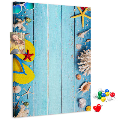 Memo cork board Summer beach accessories on a blue background