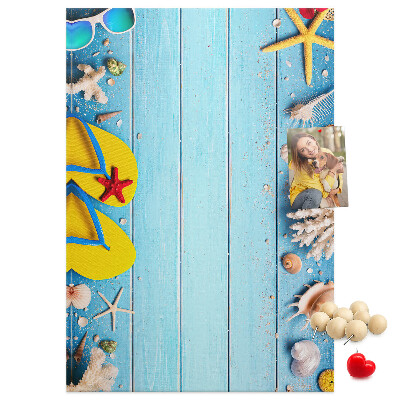 Memo cork board Summer beach accessories on a blue background