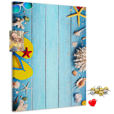 Memo cork board Summer beach accessories on a blue background