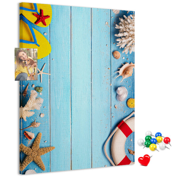 Cork notice board Summer beach with shells and sand