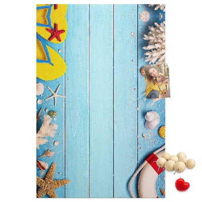 Cork notice board Summer beach with shells and sand
