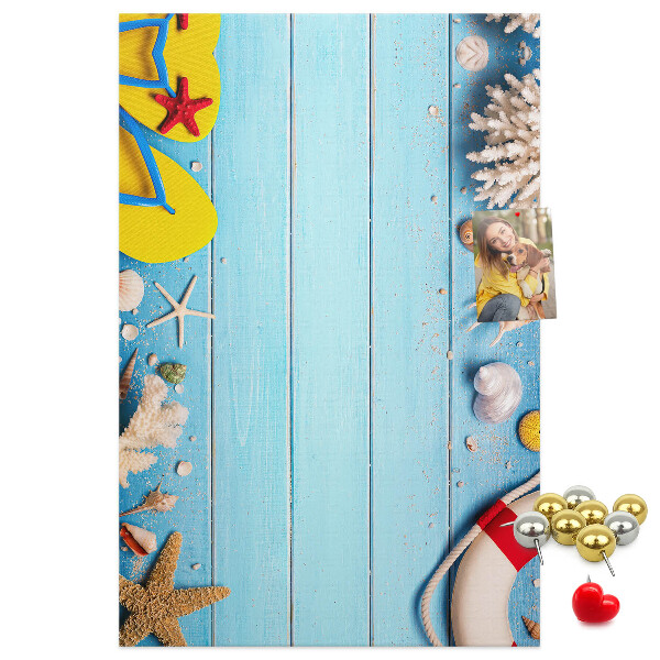 Cork notice board Summer beach with shells and sand
