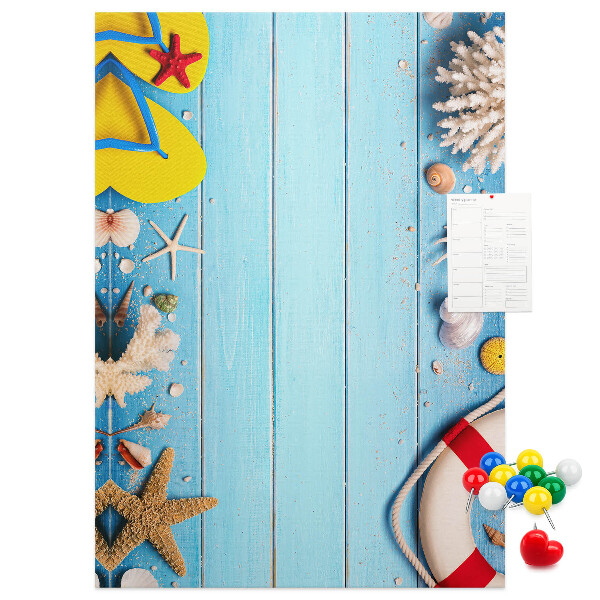 Cork notice board Summer beach with shells and sand