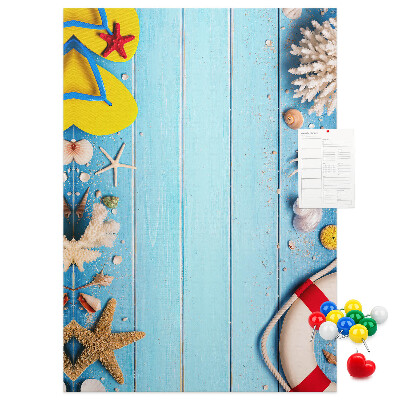 Cork notice board Summer beach with shells and sand