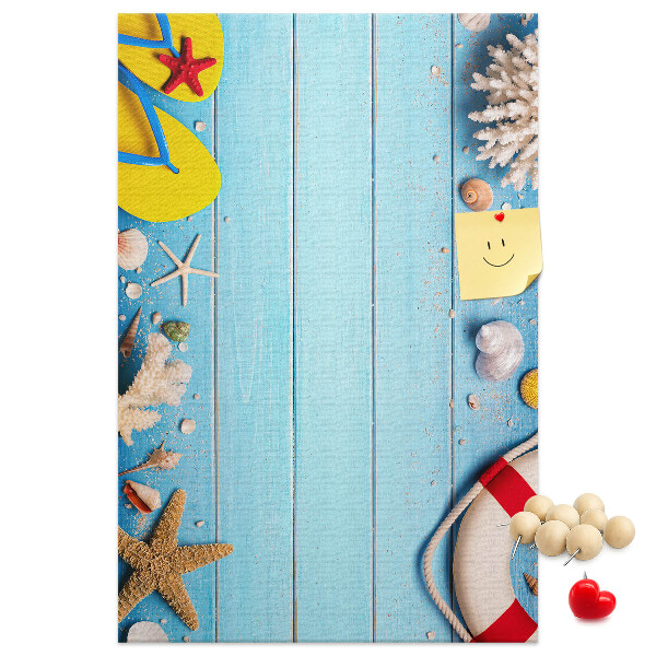 Cork notice board Summer beach with shells and sand