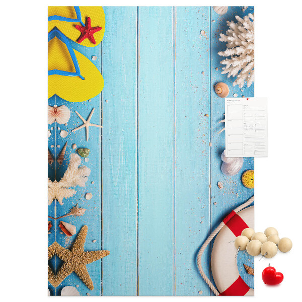 Cork notice board Summer beach with shells and sand
