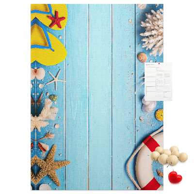 Cork notice board Summer beach with shells and sand