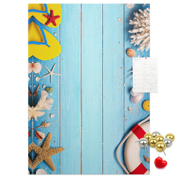Cork notice board Summer beach with shells and sand