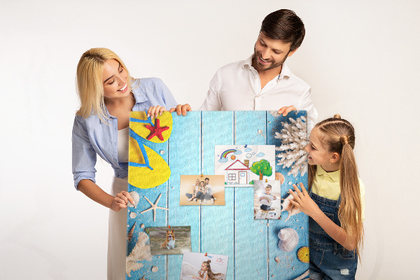 Cork notice board Summer beach with shells and sand