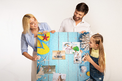 Cork notice board Summer beach with shells and sand