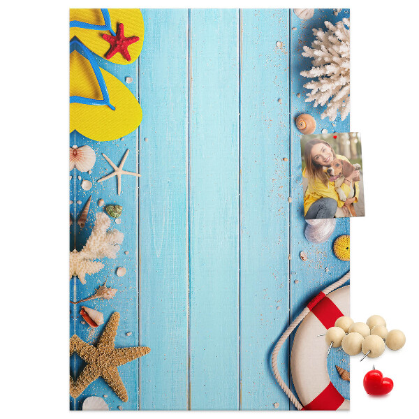 Cork notice board Summer beach with shells and sand