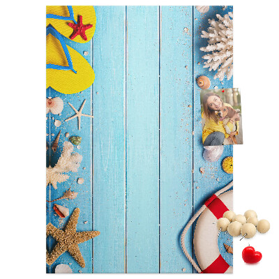 Cork notice board Summer beach with shells and sand