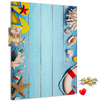 Cork notice board Summer beach with shells and sand