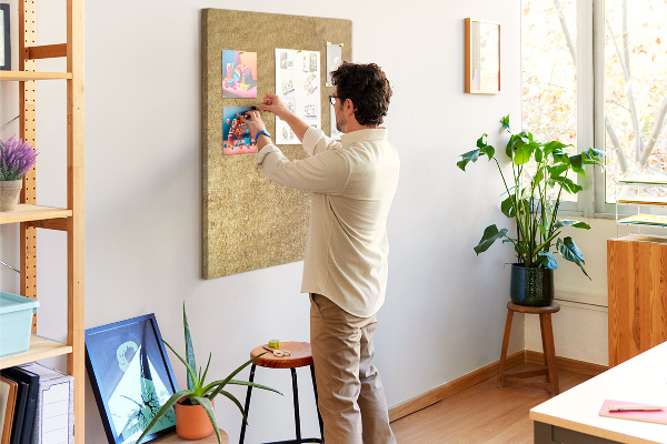 Wall cork memo board Gold paper with colored pins