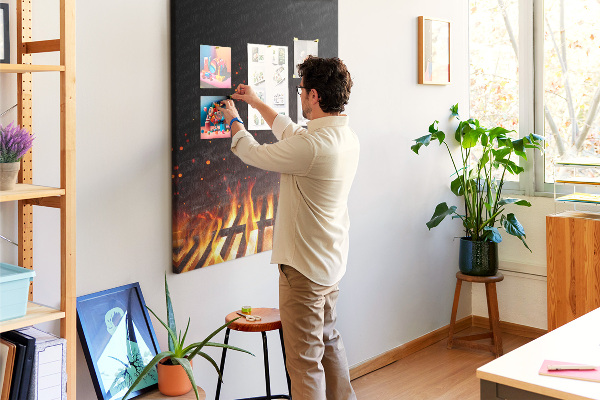 Wall cork memo board A blazing fire with smoke rising