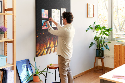 Wall cork memo board A blazing fire with smoke rising