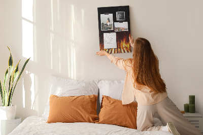 Wall cork memo board A blazing fire with smoke rising
