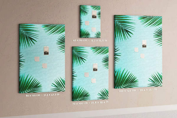 Wall cork memo board Palm leaves on a blue background