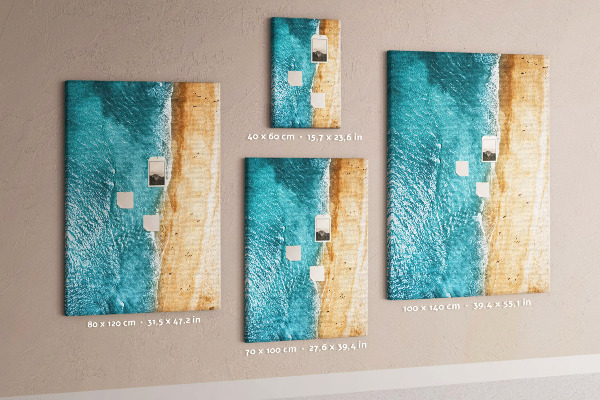 Memo cork board A beach with waves and people walking around