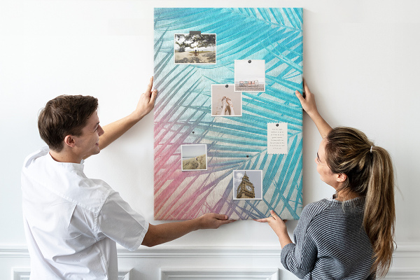 Wall cork memo board Tropical palm leaves in pastel shades