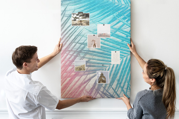 Wall cork memo board Tropical palm leaves in pastel shades
