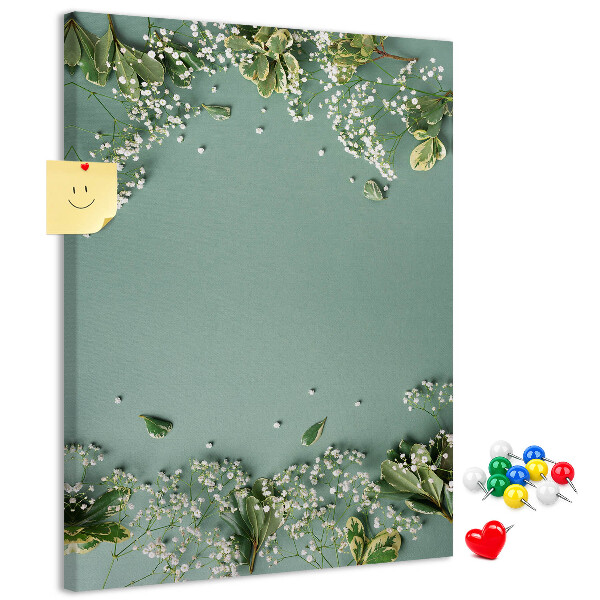 Cork notice board Green background with delicate flowers and leaves