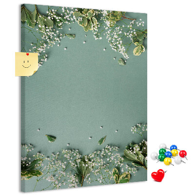 Cork notice board Green background with delicate flowers and leaves