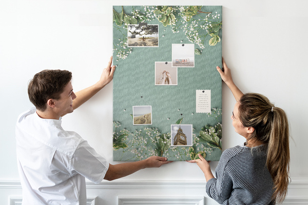 Cork notice board Green background with delicate flowers and leaves