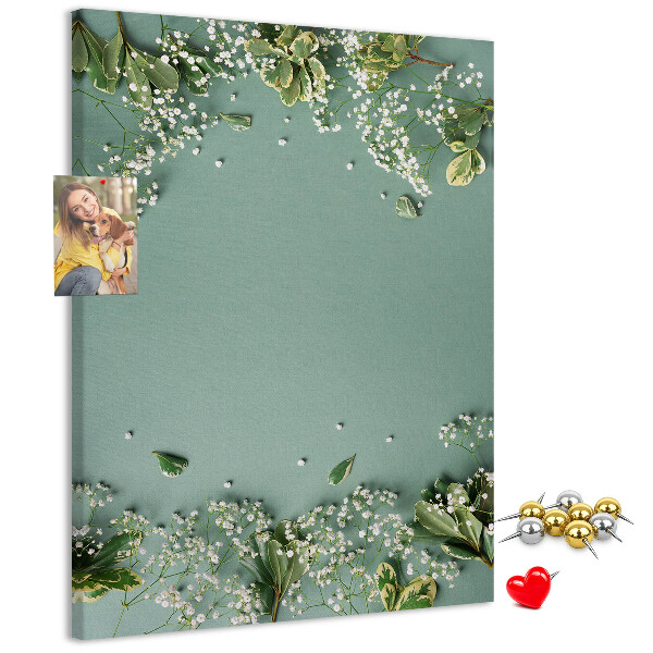 Cork notice board Green background with delicate flowers and leaves