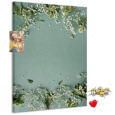 Cork notice board Green background with delicate flowers and leaves