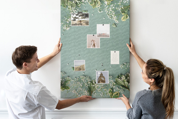 Cork notice board Green background with delicate flowers and leaves