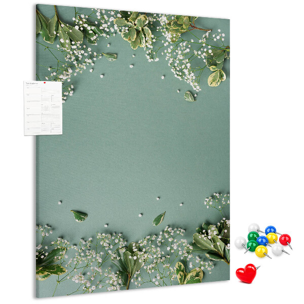 Cork notice board Green background with delicate flowers and leaves