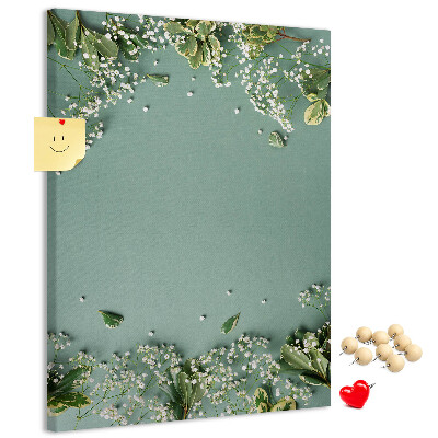 Cork notice board Green background with delicate flowers and leaves