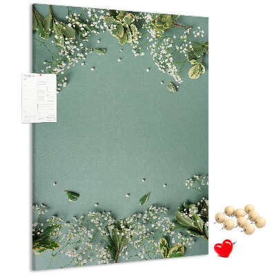 Cork notice board Green background with delicate flowers and leaves