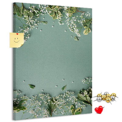 Cork notice board Green background with delicate flowers and leaves