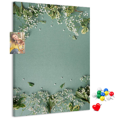 Cork notice board Green background with delicate flowers and leaves