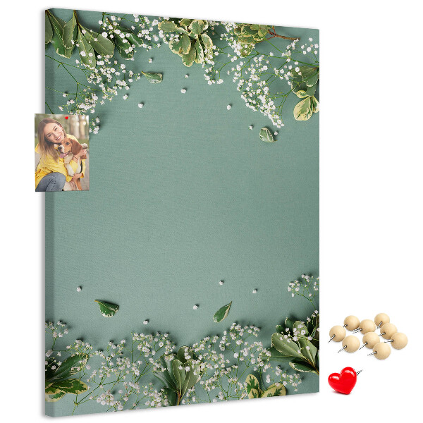 Cork notice board Green background with delicate flowers and leaves