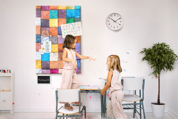 Memo cork board Colorful wooden squares in a mosaic