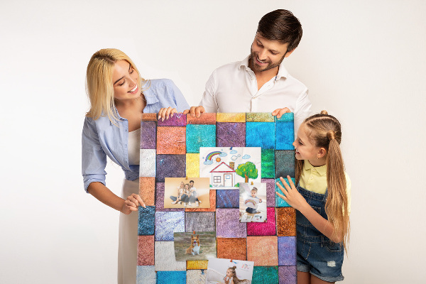 Memo cork board Colorful wooden squares in a mosaic