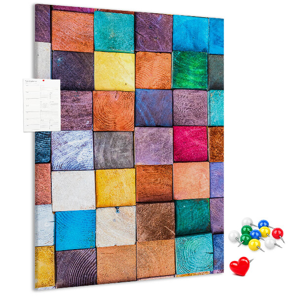 Memo cork board Colorful wooden squares in a mosaic