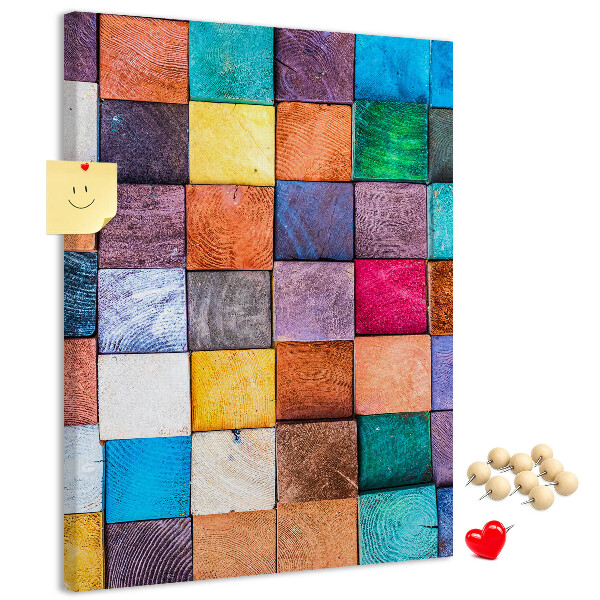Memo cork board Colorful wooden squares in a mosaic