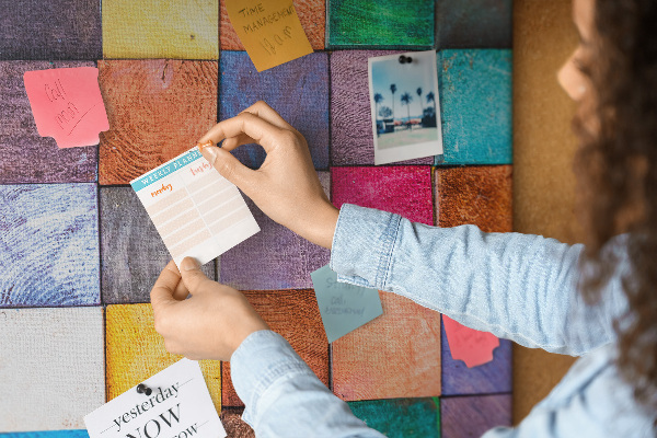 Memo cork board Colorful wooden squares in a mosaic
