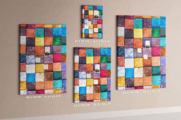 Memo cork board Colorful wooden squares in a mosaic