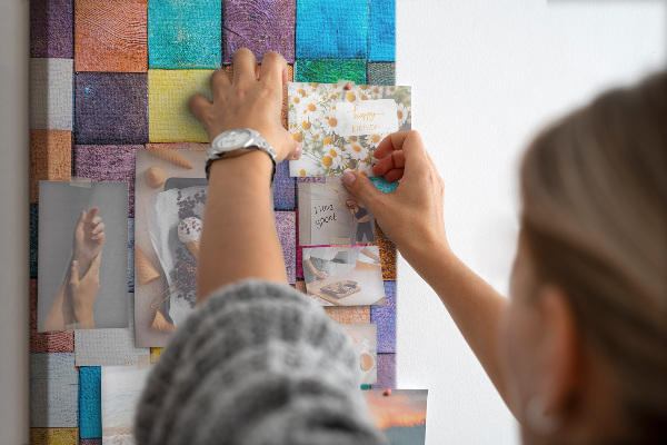 Memo cork board Colorful wooden squares in a mosaic