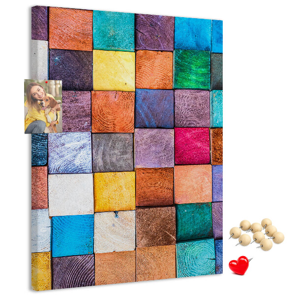 Memo cork board Colorful wooden squares in a mosaic